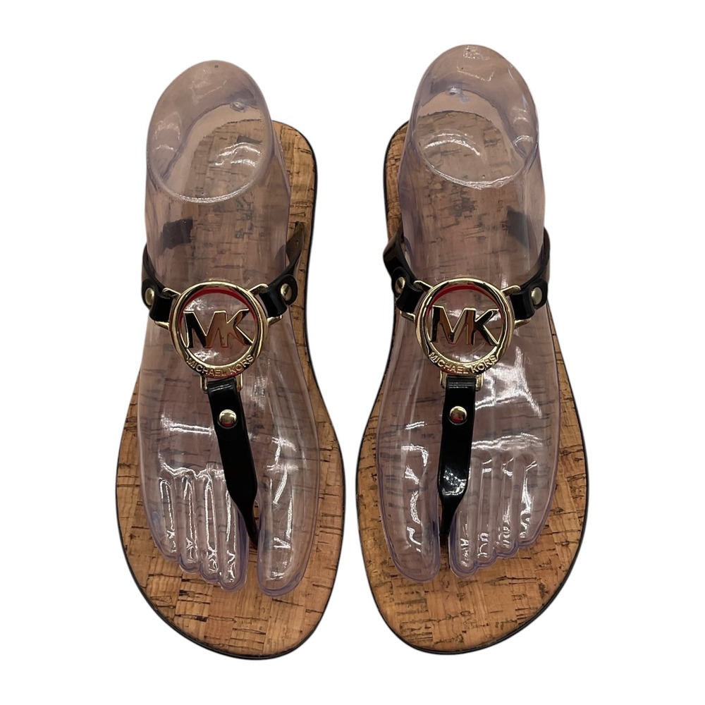 Michael Kors Black Jelly Thong Sandals Gold MK Logo Cork Print Womens 8M 38
